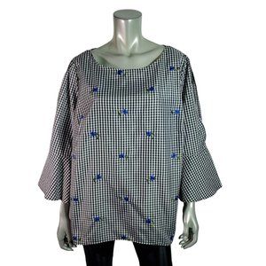 ALYX Top‎ Plus Size 2X Embroidered Floral Gingham Bell Sleeve Pullover Black NWT